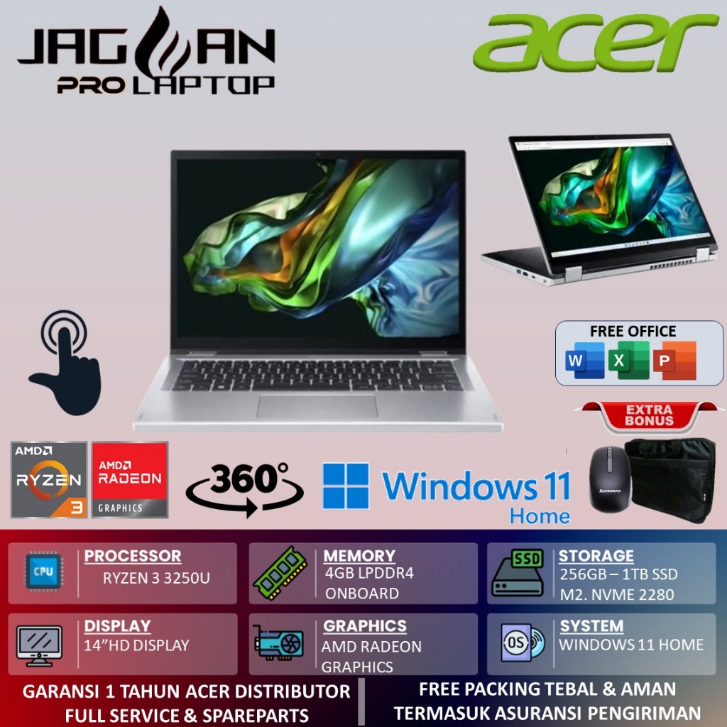 Laptop 2in1 Acer Aspire Spin 3 SP314 Amd Ryzen 3 3250u 4GB 1TB 14.0 Touchscreen Win11Home