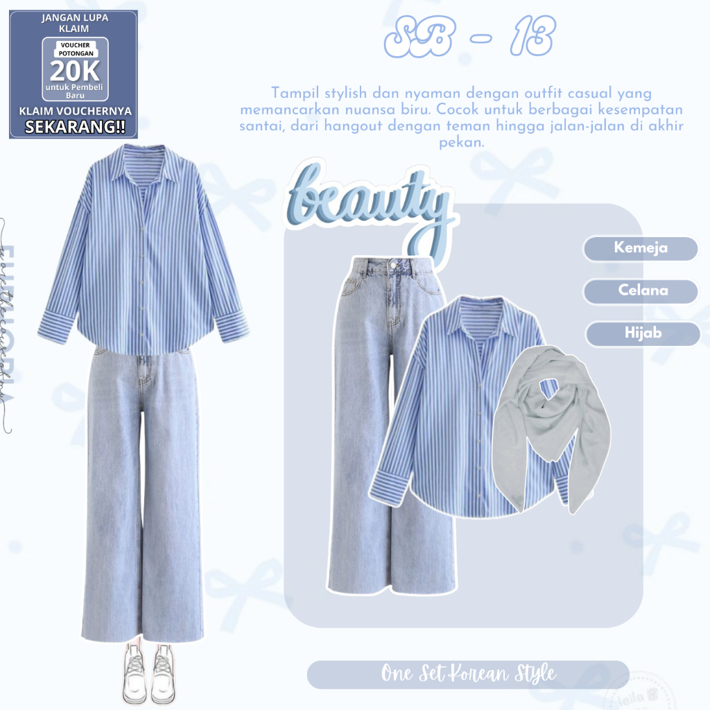 1 Set OOTD Aesthetic ( Kemeja, Celana Jeans, Hijab ) One Set Wanita Hijab Korean Style | SB - 13
