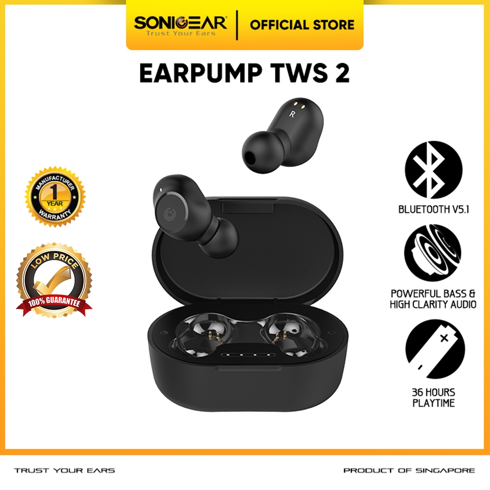 SonicGear TWS 2 Wireless Bluetooth Earbuds with Portable Charging Case - Garansi Resmi 1 Tahun