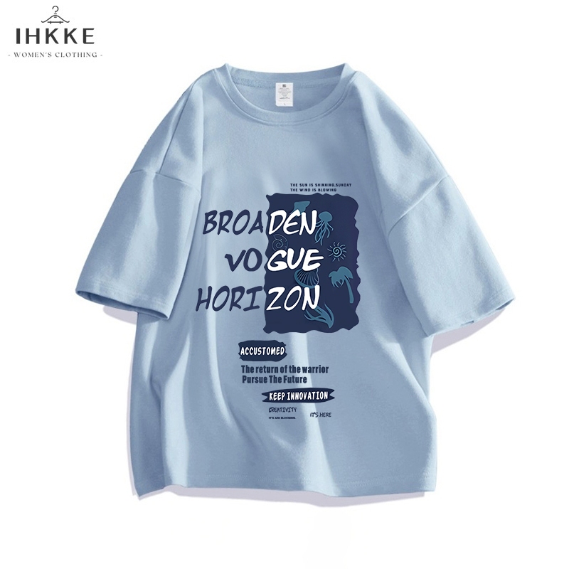 IHKKE Kaos Wanita Baju Oversize Lengan Pendek BROADEN VOGUE HORIZON Bergaya Letter Motif Vintage Kao