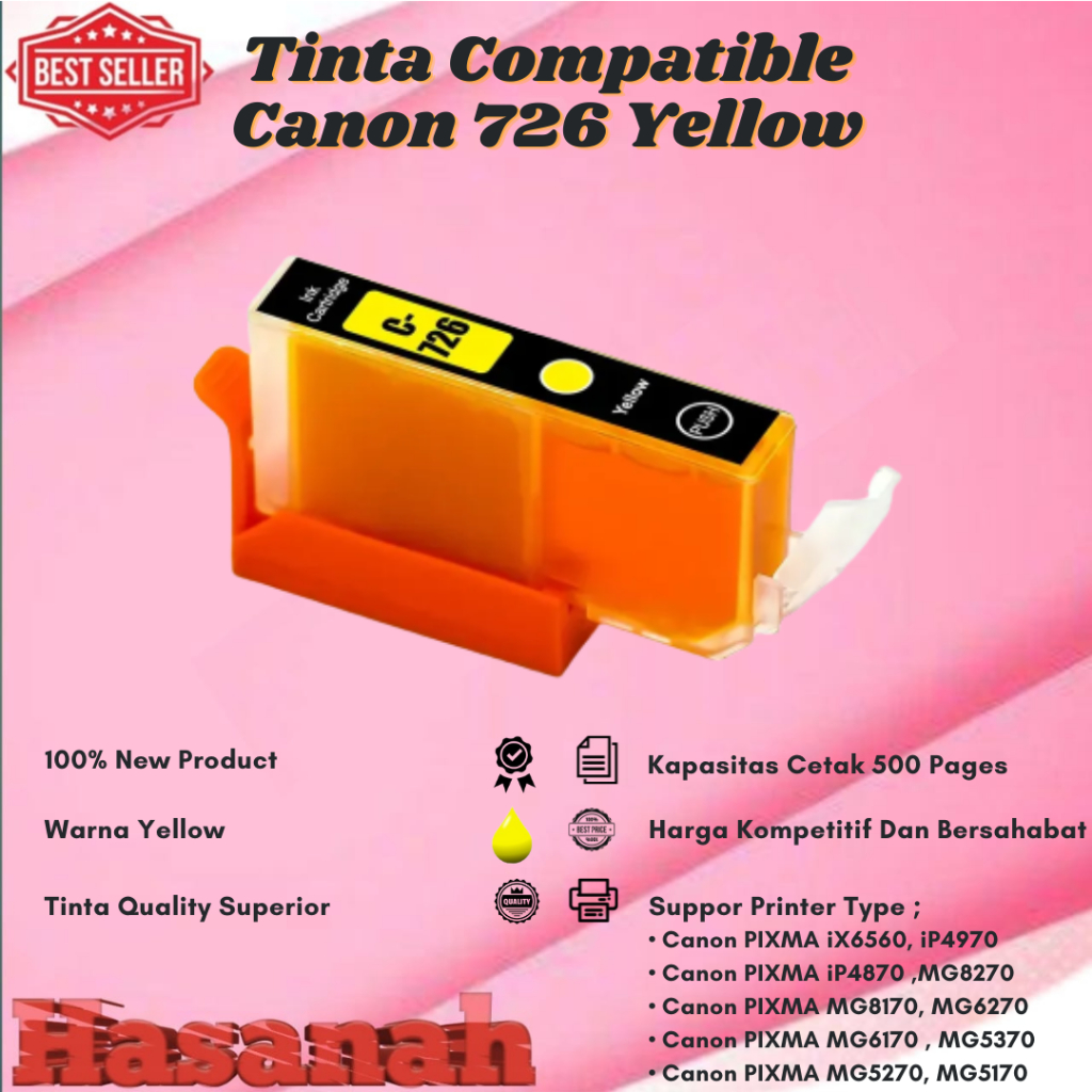 Tinta Catridge Compatible Canon 726 Yellow For Printer Canon PIXMA iX6560, PIXMA iP4970 ,PIXMA iP487
