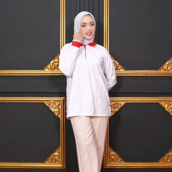 Kaos Poloshirt Polos Pria Wanita Berkerah Kancing Depan Manset Panjang | Putih kerah Merah
