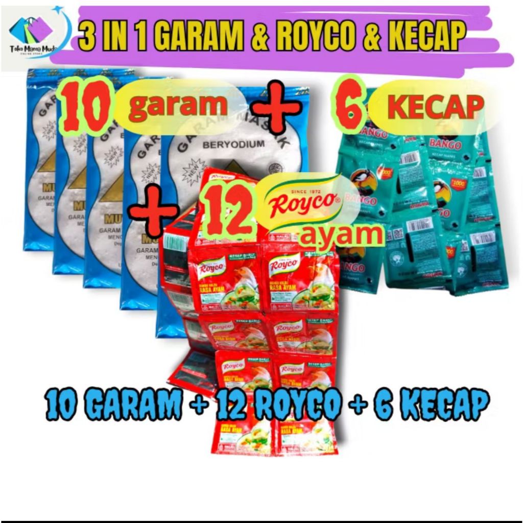 

3 IN 1 PAKET AMBYAR GARAM DAPUR 10 PCS & ROYCO 12 PCS & KECAP BANGO 6 PCS