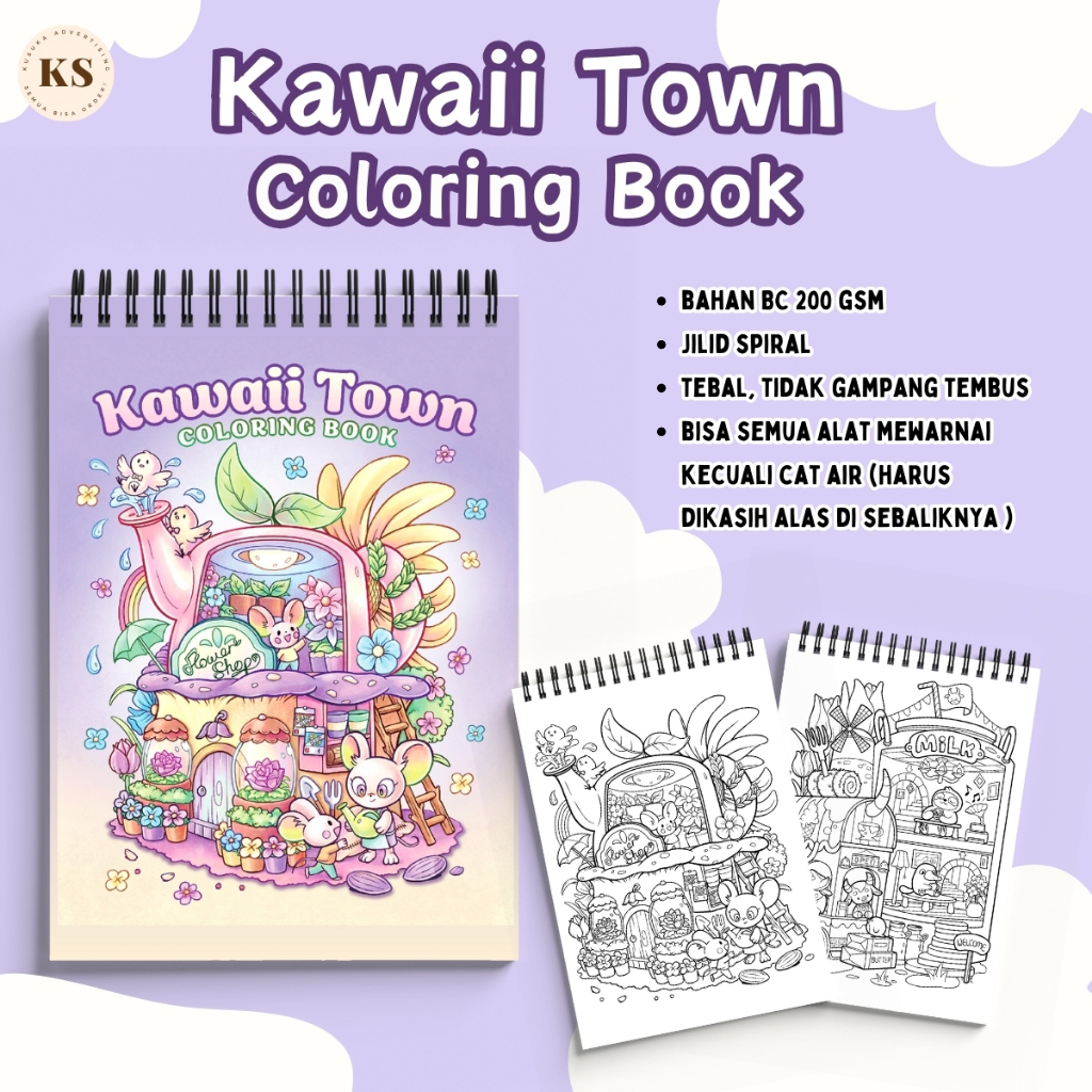 

KAWAII TOWN Coloring Book Cute For Kids Adults Healing Cozy Hobby Buku Mewarnai Anak Remaja Dewasa