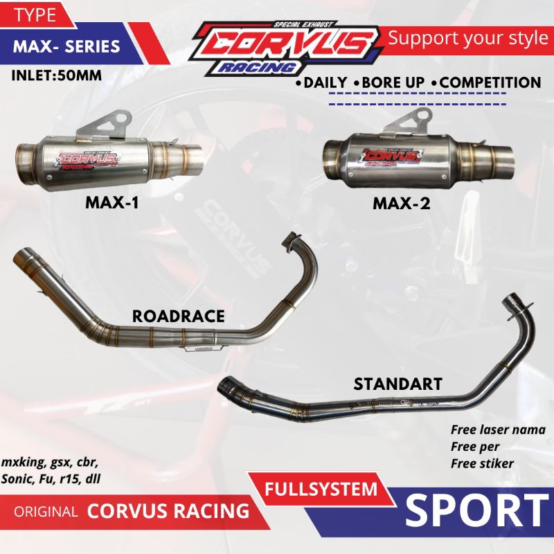 Knalpot Racing ( FULL SYSTEM ) CORVUS RACING TYPE MAX SERIES – Suara BASS GAHAR 50mm | Harian Bore U