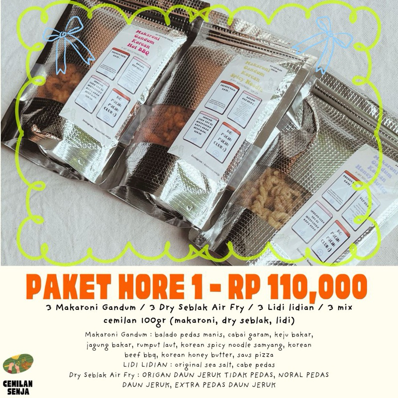 

PAKET HORE 1 - ( 3 pax ) CEMILAN 100gr cemilan senja (JAN-FEB PROMO)