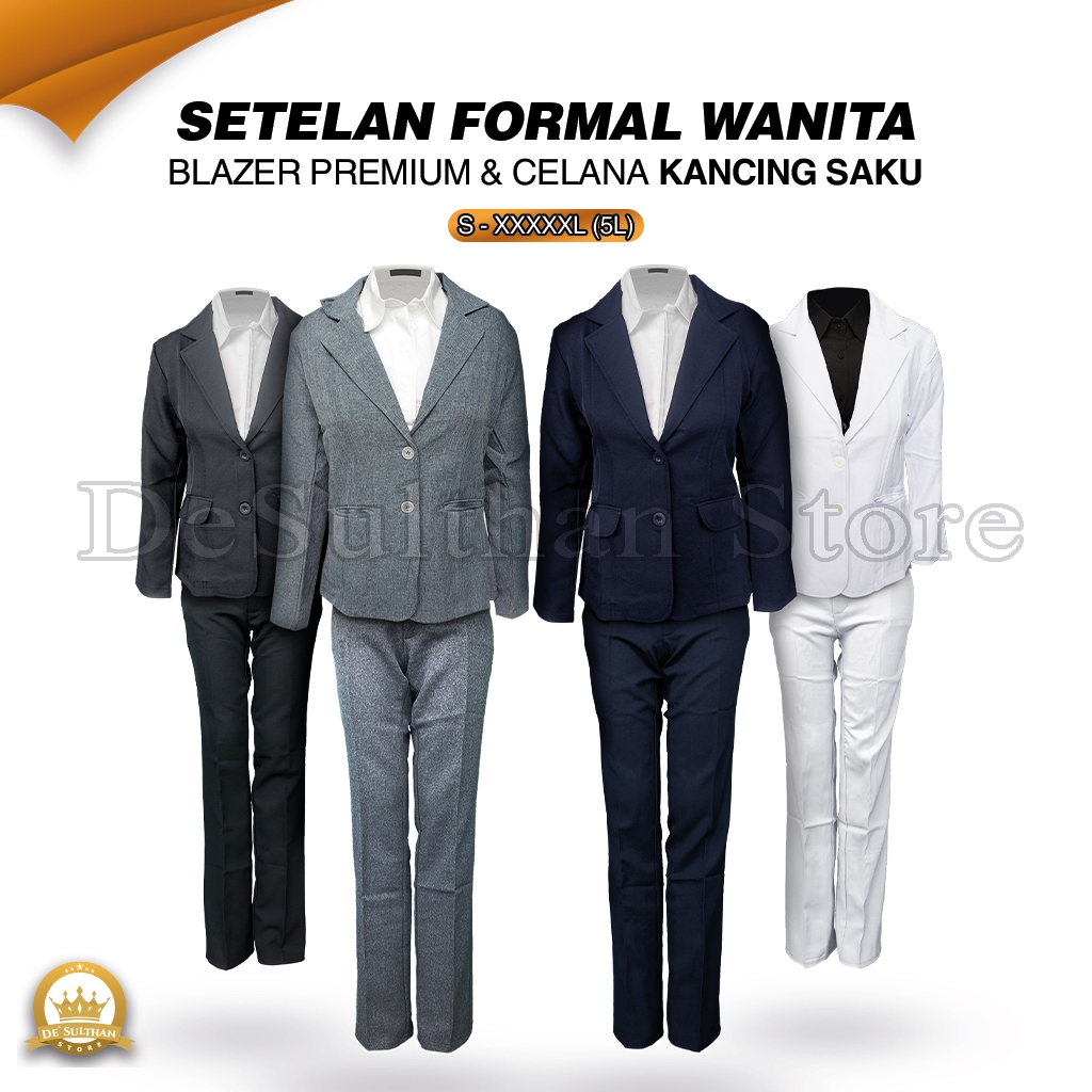 One Set Setelan Jas Blazer Celana Bahan Panjang Pinggang Wanita Stelan Jas Kerja Kantor Cewe Polos D