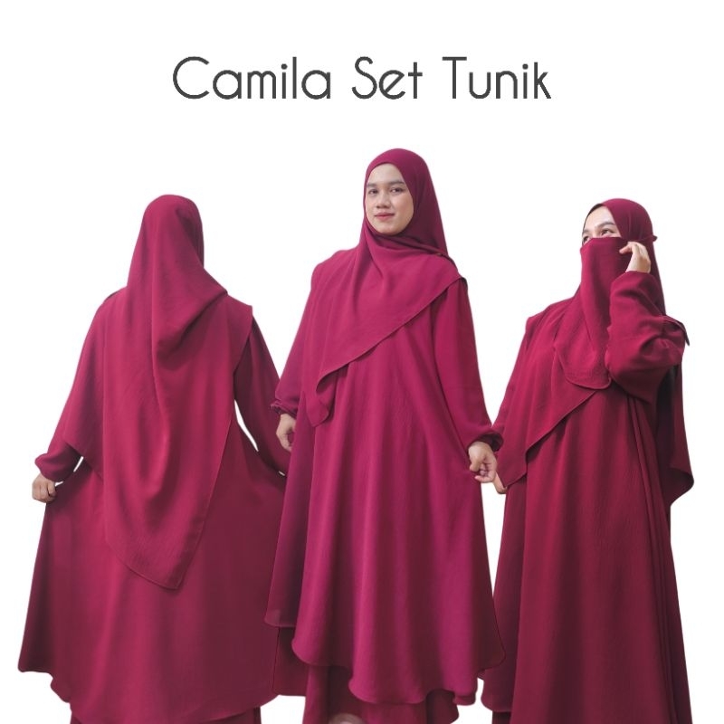 Camila Set Tunik / Camila One Set Tunik Melayu / Crinkle Premium ( Niqob - Pashmina - Tunik - Rok ) 