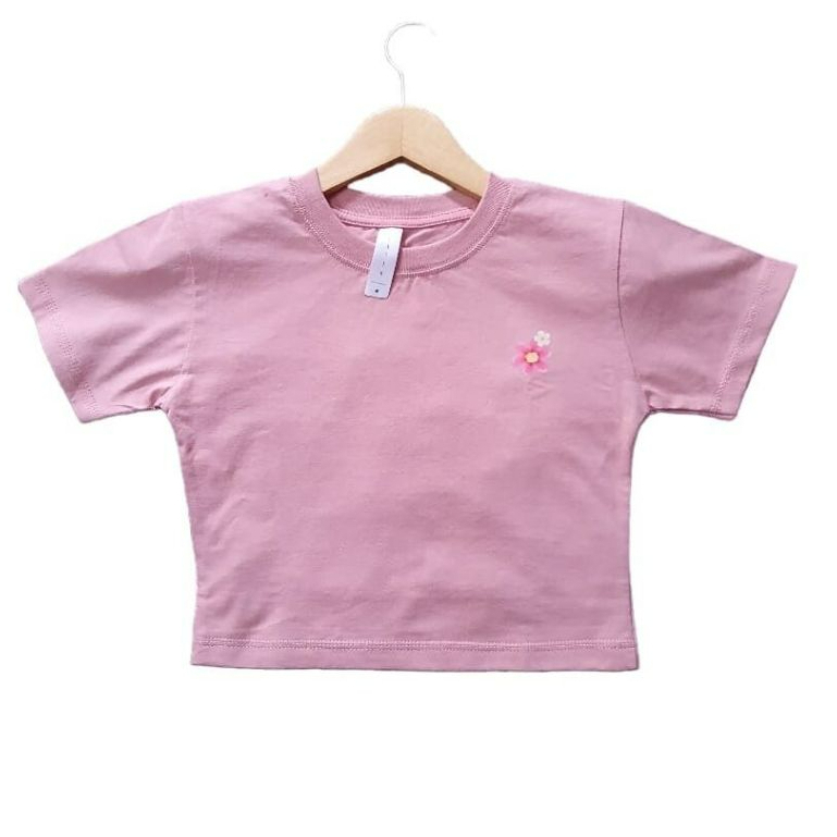 KAOS CROP WANITA KAOS LENGAN PENDEK BAJU CROP WANITA GAMBAR BUNGA DUSTY PINK COTTON COMBED