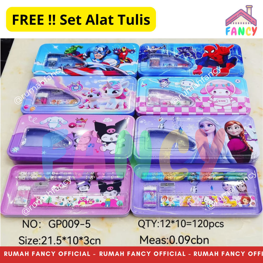 

[[FREE BUBBLE+DUS] Tempat Pensil Kaleng / Kotak Pensil Besar Jumbo 2 susun FREE Set Alat Tulis GP 009 KARAKTER FANCY BOY & GIRL