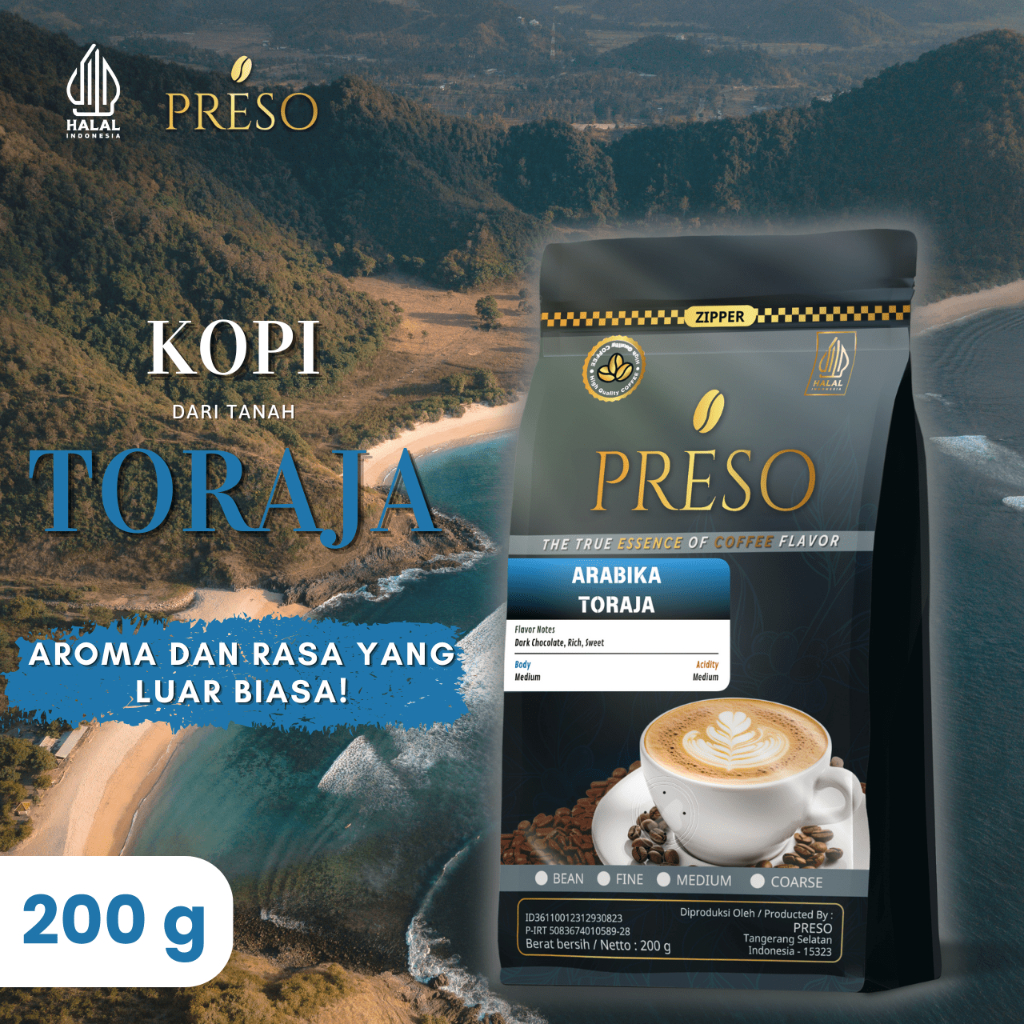

PRESO Biji Kopi Bubuk Arabika Toraja Coffee Roast Beans Espresso Bean Coffe 200 gram
