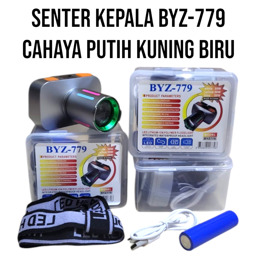 COD Senter Kepala ZOOM 50 Watt 3 Warna BYZ-779 Cahaya PUTIH , KUNING dan BIRU 5 Mode Strobo SOS rech