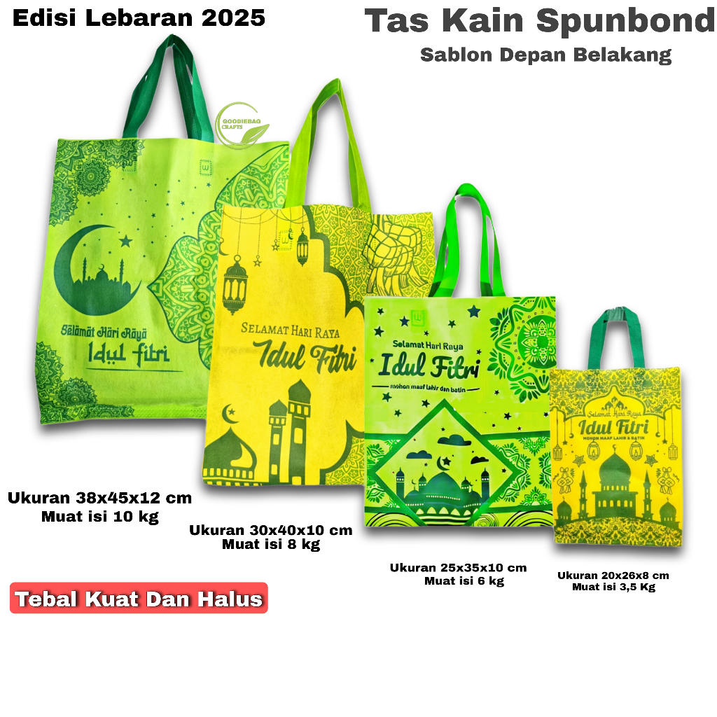 

Lusinan isi 12 pcs Goodie Bag Tas Kain Spunbond Lebaran Idul Fitri Ukuran 25x35x10 30x40 38x45 Sedang dan Jumbo Untuk Kantong Bingkisan Souvenir Box Toples Kue Tas parcel Lebaran , Kantong Kain, Sembako , Hampers THR, Goodybag paperbag kain Sablon 2 sisi