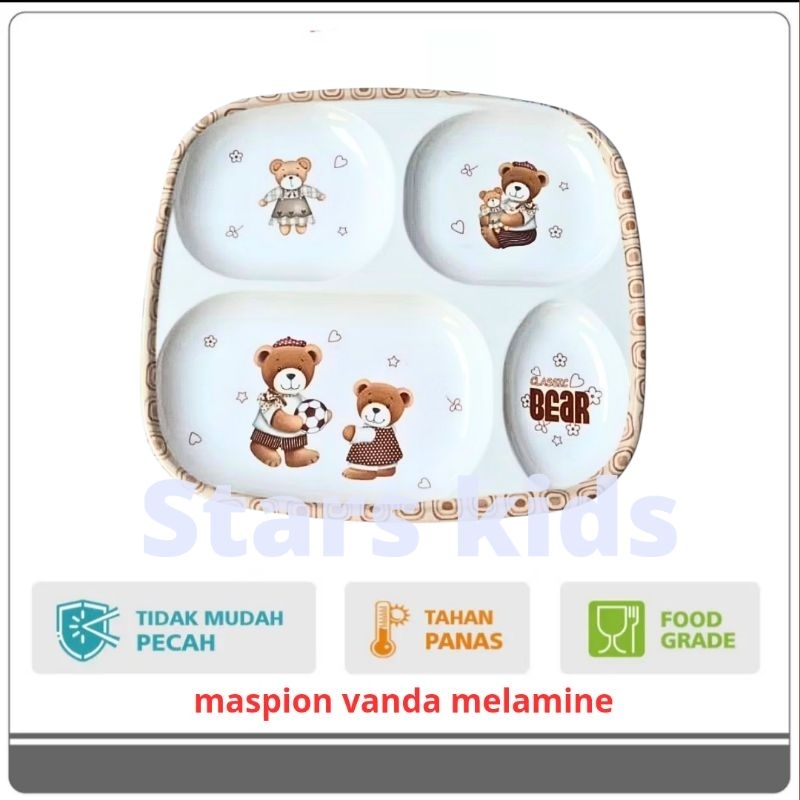 PERLENGKAPAN MAKAN ANAK MELAMIN PIRING SEGI SEKAT 4 KATAKTER  CLASSIC BEAR