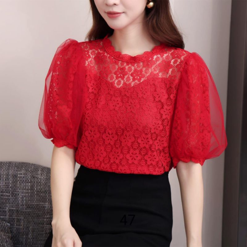 1194 Baju atasan blouse ELINDA PUFF SLEEVE LACE BROKAT TOP lengan pendek merah putih krem hitam polo