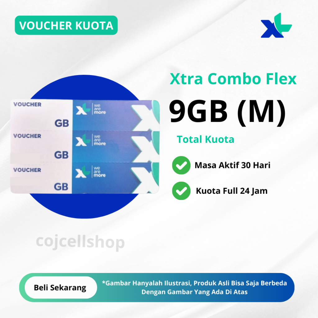 Voucher Kuota XL 9GB Masa Aktif 30 Hari Full 24 JAM - Voucher XL Xtra Combo Flex - Paket Data XL Mur