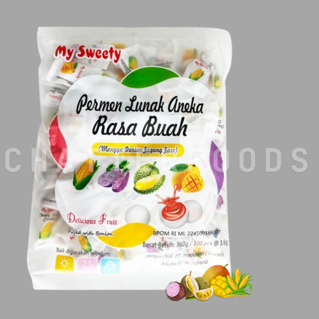 

Permen Lunak Aneka Rasa My Sweety 360gr (Isi 100pcs)/ Permen Kunyah Aneka Rasa Buah