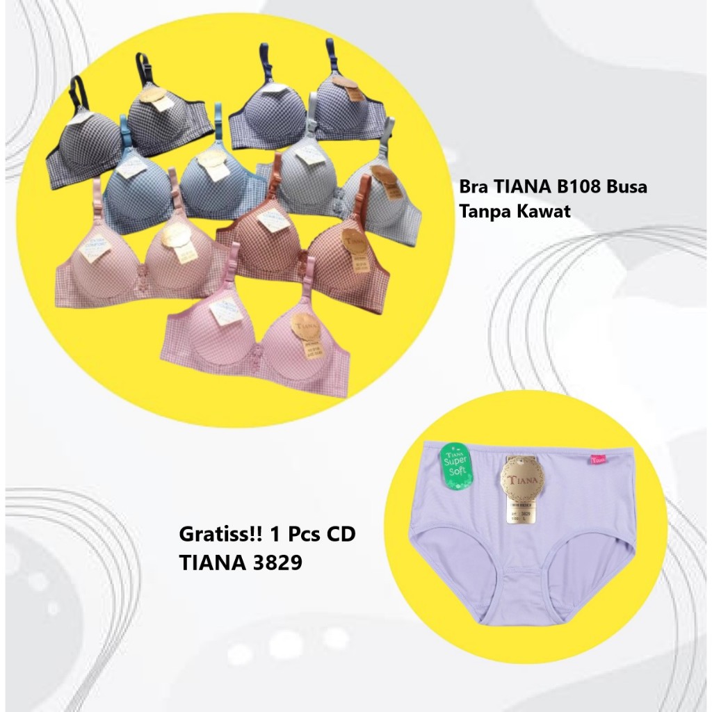 Promo (Gratiss CD) Bra Tiana B108 Cup B Tanpa Kawat Bra Busa Terlaris Motif Garis Kotak Ukuran 36-42