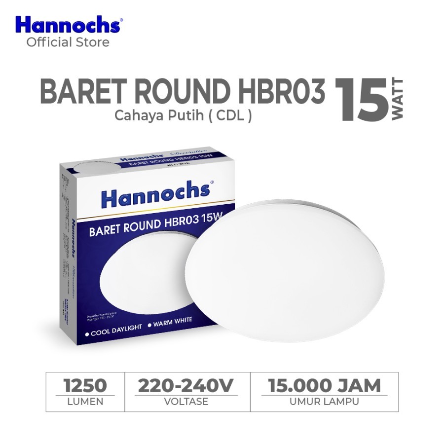 Hannochs Lampu Downlight LED Baret Round HBR03 15W Cahaya Putih  / Lampu Plafon / Lampu Ceiling / La