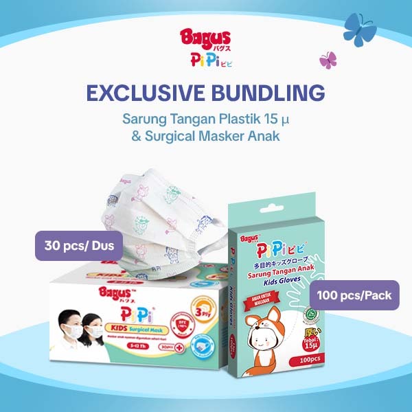 [Bundle] Bagus PiPi Sarung Tangan Plastik 15 Mikron & Surgical Masker Anak