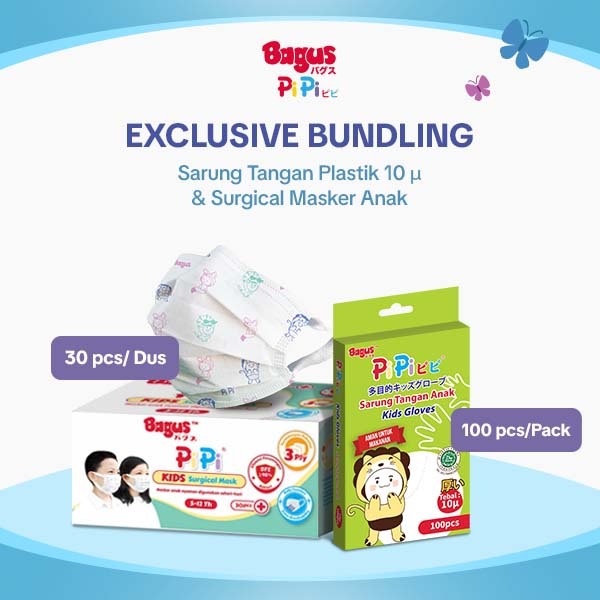 [Bundle] Bagus PiPi Sarung Tangan Plastik 10 Mikron & Surgical Masker Anak