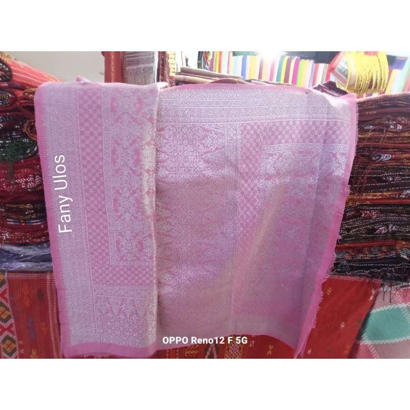 SONGKET PALEMBANG BENANG TEMBAGA WARNA PINK TUMPAL SILVER.