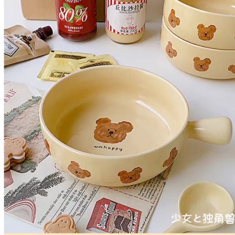 HAPPY BEAR BOWL / Asthetic Korean Bowl With Bear Pattern / Korean Bowl / Vintage Ceramic Bowl / Mang