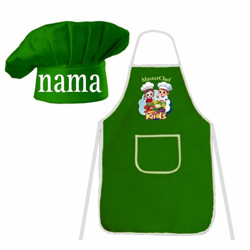 celemek/apron anak-anak 1set topi nama master chef kids. ada gambar yang sangat lucu dan imut
