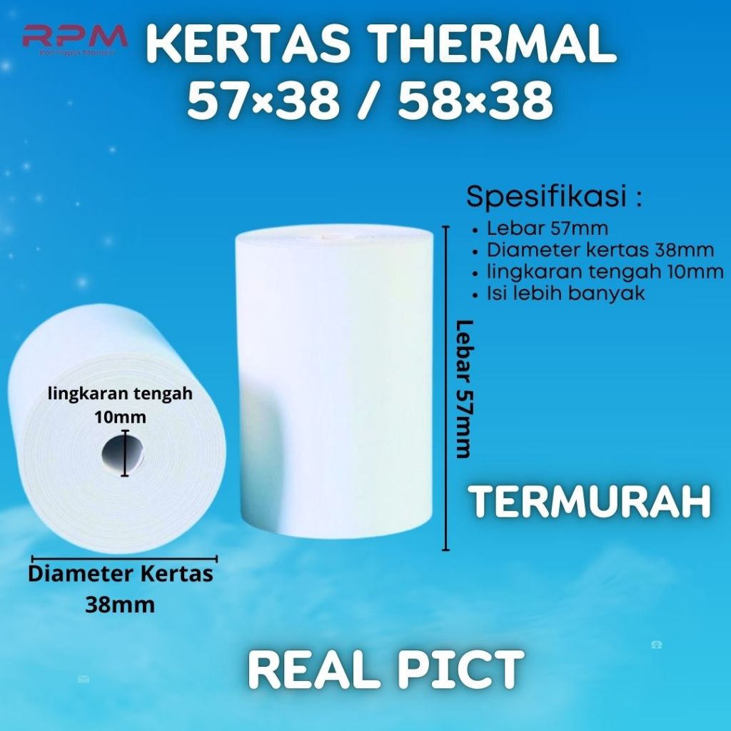 

Kertas Struk Thermal 57x38 Coreless 58x38 Termal Roll Kasir 57x38mm Printer Edc Bluetooth Portable