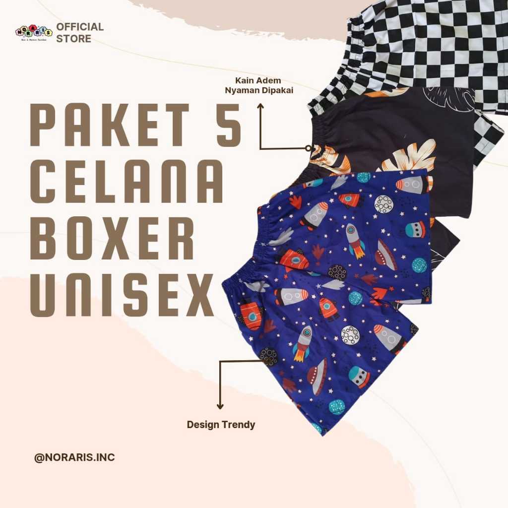 Noraris Paket Usaha Celana Boxer Unisex 5 PCS Aircotton Short Celana Pendek Tidur