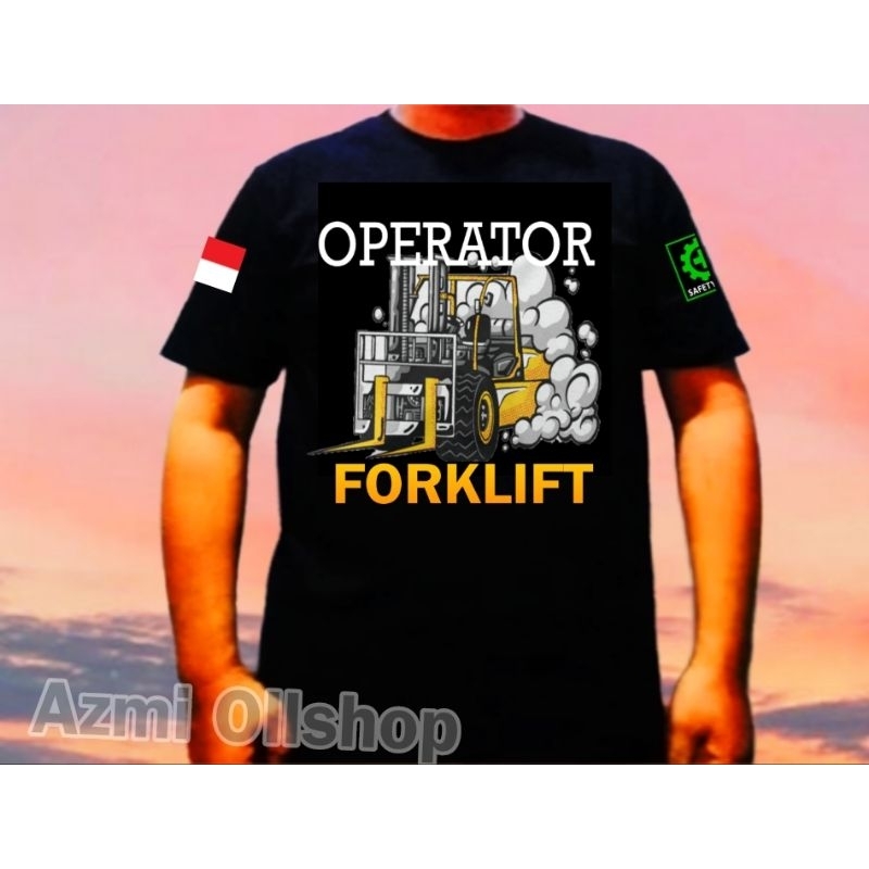 Baju kaos hitam lengan pendek operator forklift sablon DTF