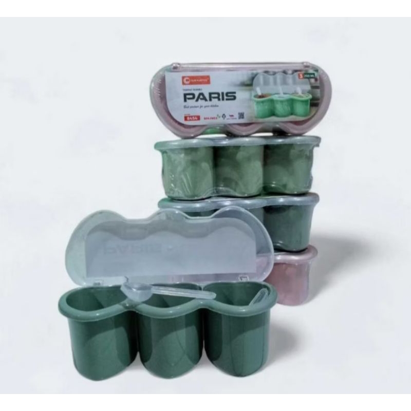 Tempat Bumbu Paris Clio /Tempat Bumbu Plastik /Tempat Bumbu 3 Sekat /Rak Toples Bumbu Plus Sendok