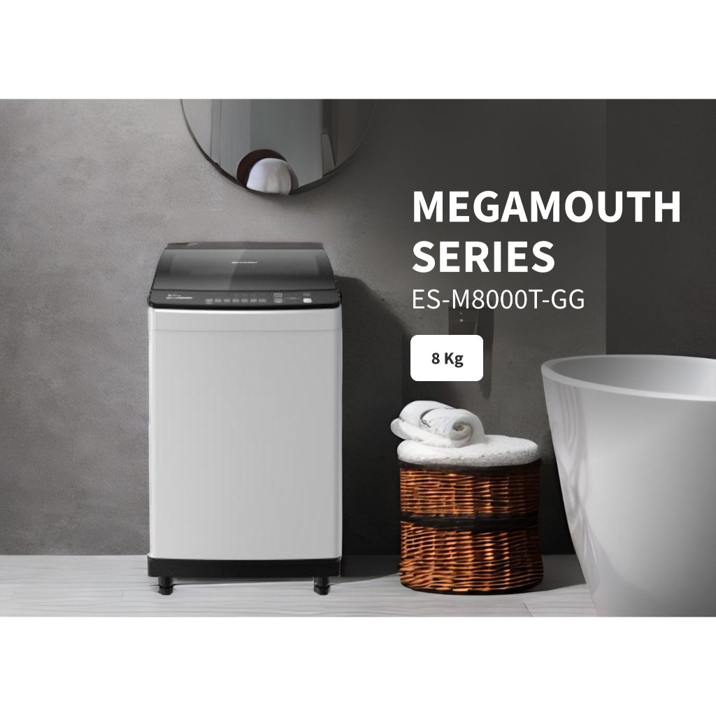 Mesin cuci Sharp 1 Tabung Otomatis 8000 / 8000TGG / Pintu kaca ES-M8000T-GG | 8Kg Megamouth Series