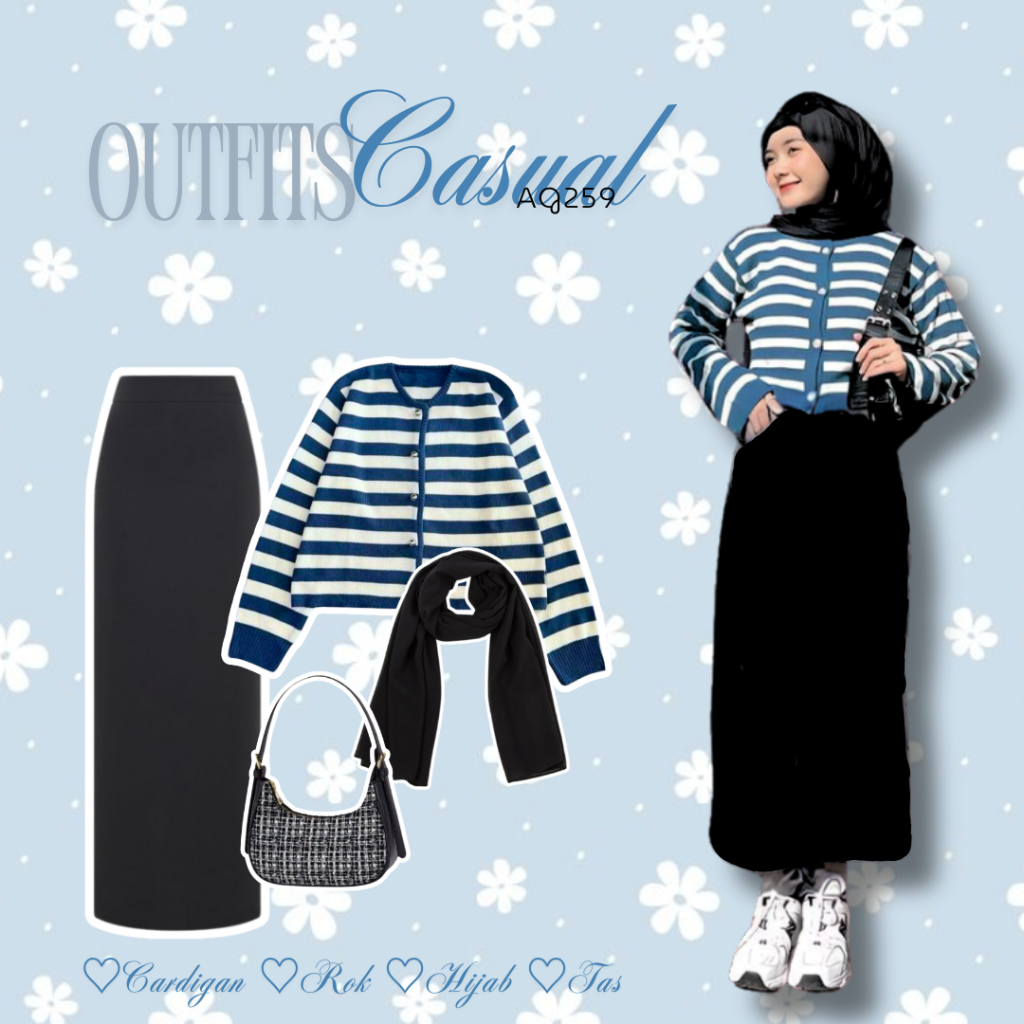 Outfit Set 4in1 OOTD Korean Style Kekinian Wanita | Cardigan + Rok Span + Tas + Hijab | Outfit Kulia