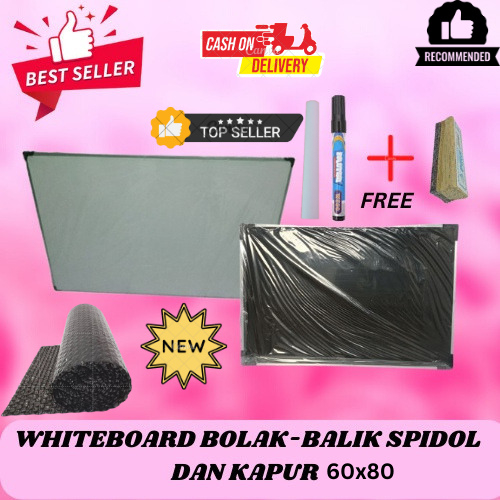 

PAPAN TULIS/WHITE BOARD DUA SISI SPIDOL DAN KAPUR 60 X 80 cm BUBBLE FREE SPIDOL, PENGHAPUS DAN KAPUR