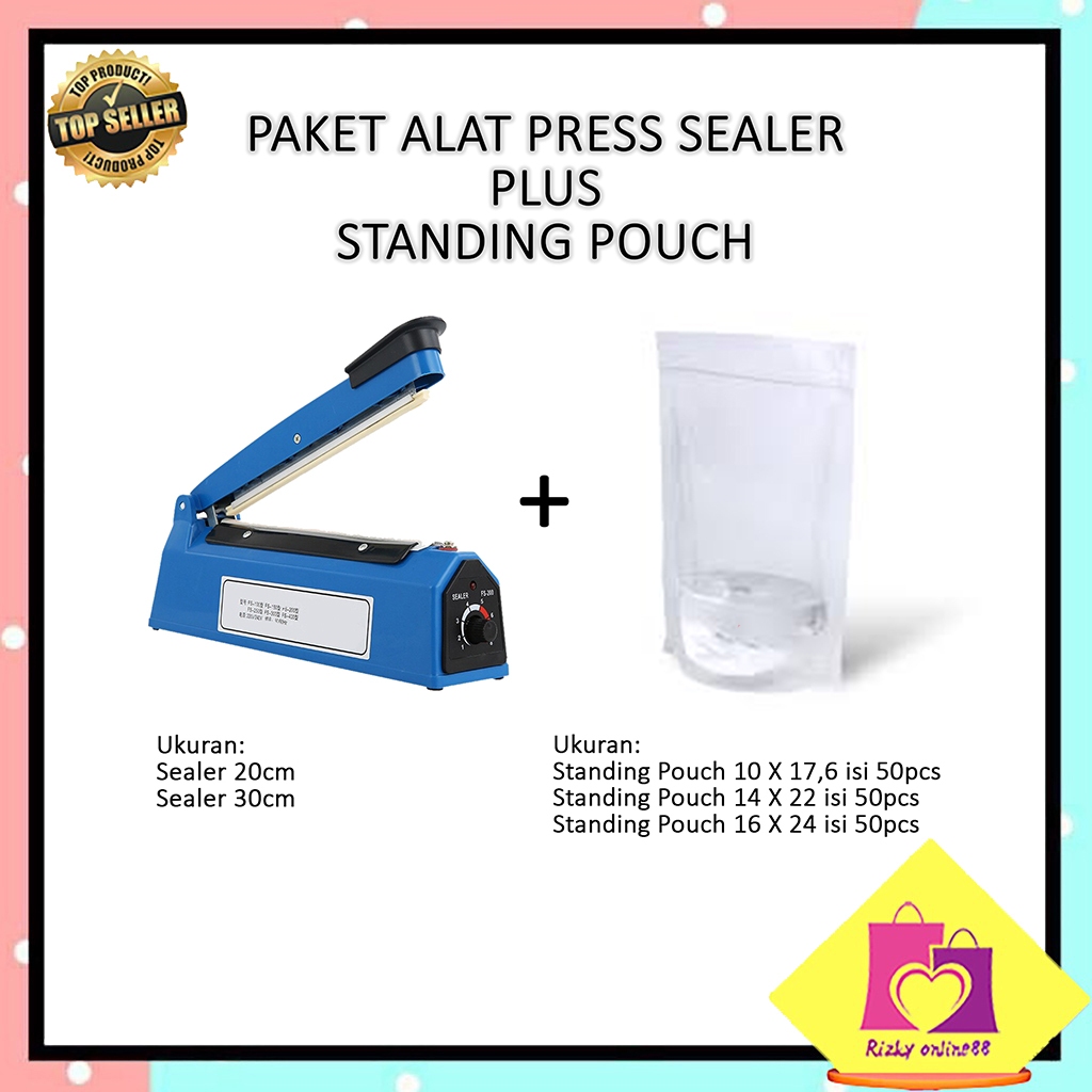 Rizkyonline88 Alat press plastik sealer pastik ukuran 30cm plus standing pouch isi 50pcs paket