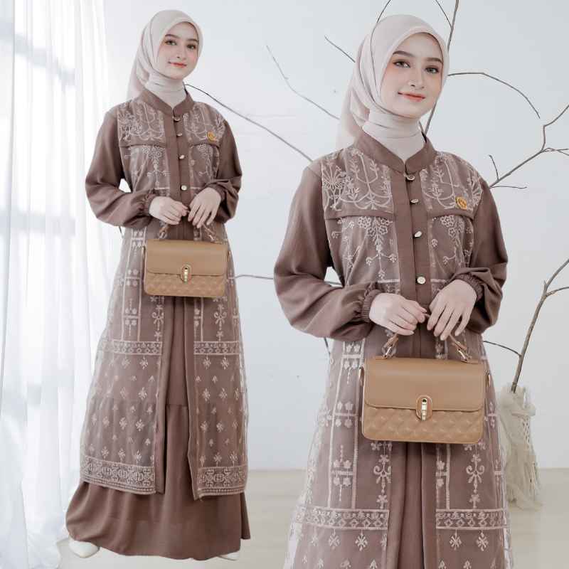 Gamis Brokat Elegan Pesta Muslimah Premium-Espresso