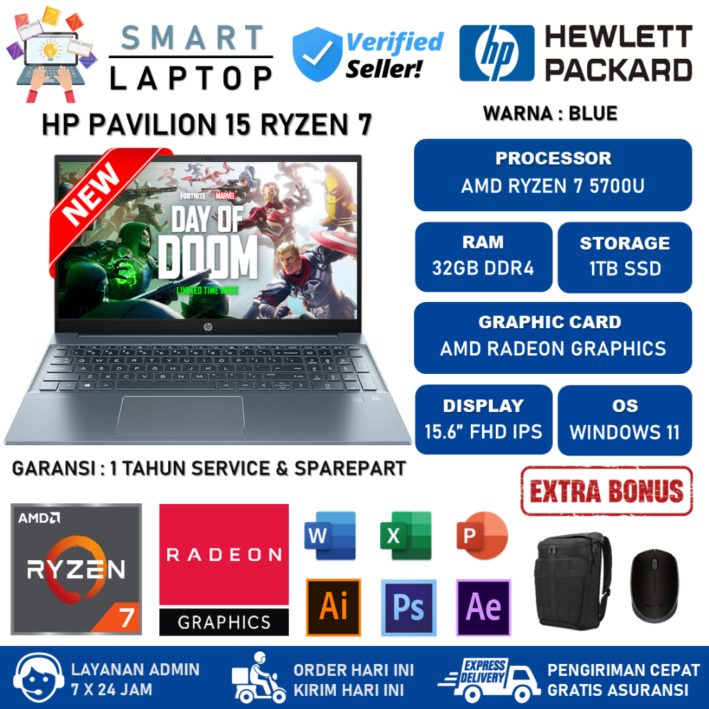 Laptop HP Pavilion 15 Amd Ryzen 7 5700U 32GB 1TB SSD 15.6" FHD IPS Windows 11 Home Blue