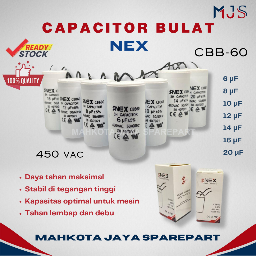 CAPACITOR BULAT NEX kapasitor bulat plastik CBB60 CBB 60 uk 6 uf / 8 uf / 10 uf / 12 uf / 14 uf / 16