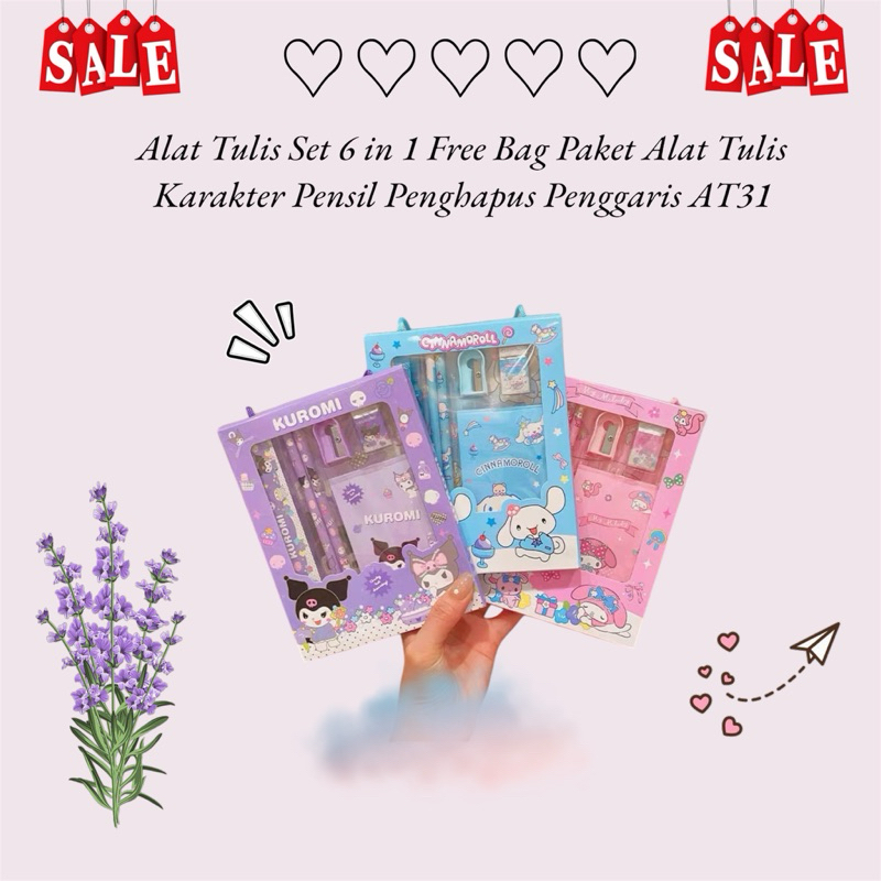 

Alat Tulis Set 6 in 1 Free Bag Paket Alat Tulis Karakter Pensil Penghapus Penggaris AT31 ♡