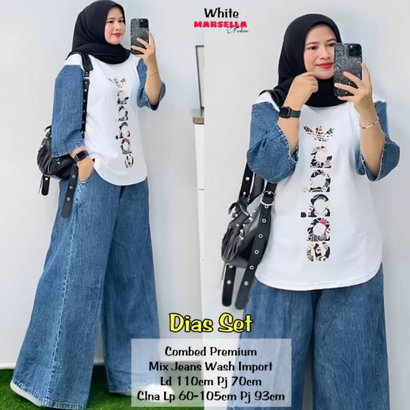 diaz one set wanita kekinian by marsela tunik kaos combed setelan jeans wanita celana highwaist deni
