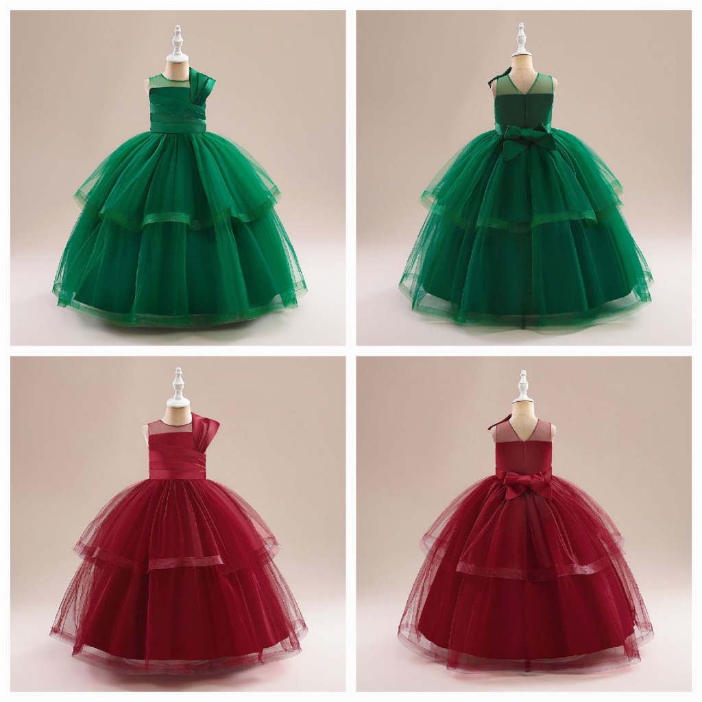 Gaun Dress Tutu Pesta Anak Remaja Perempuan Hijau, Merah Shoulder