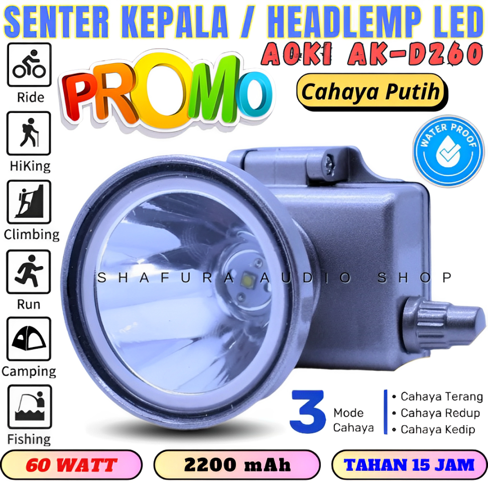 Senter Kepala / Headlamp Diving Aoki Ak-D260 60w 60 Watt Super Led Baterai Lithium 2200mah | Senter 