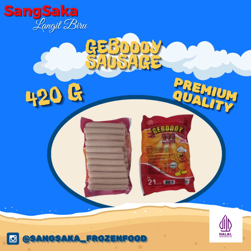 

SOSIS GEBOY GEBOOYKU BASIS 999 ISI 21 PCS BERAT 420 GRAM WARNA SOSIS PUTIH