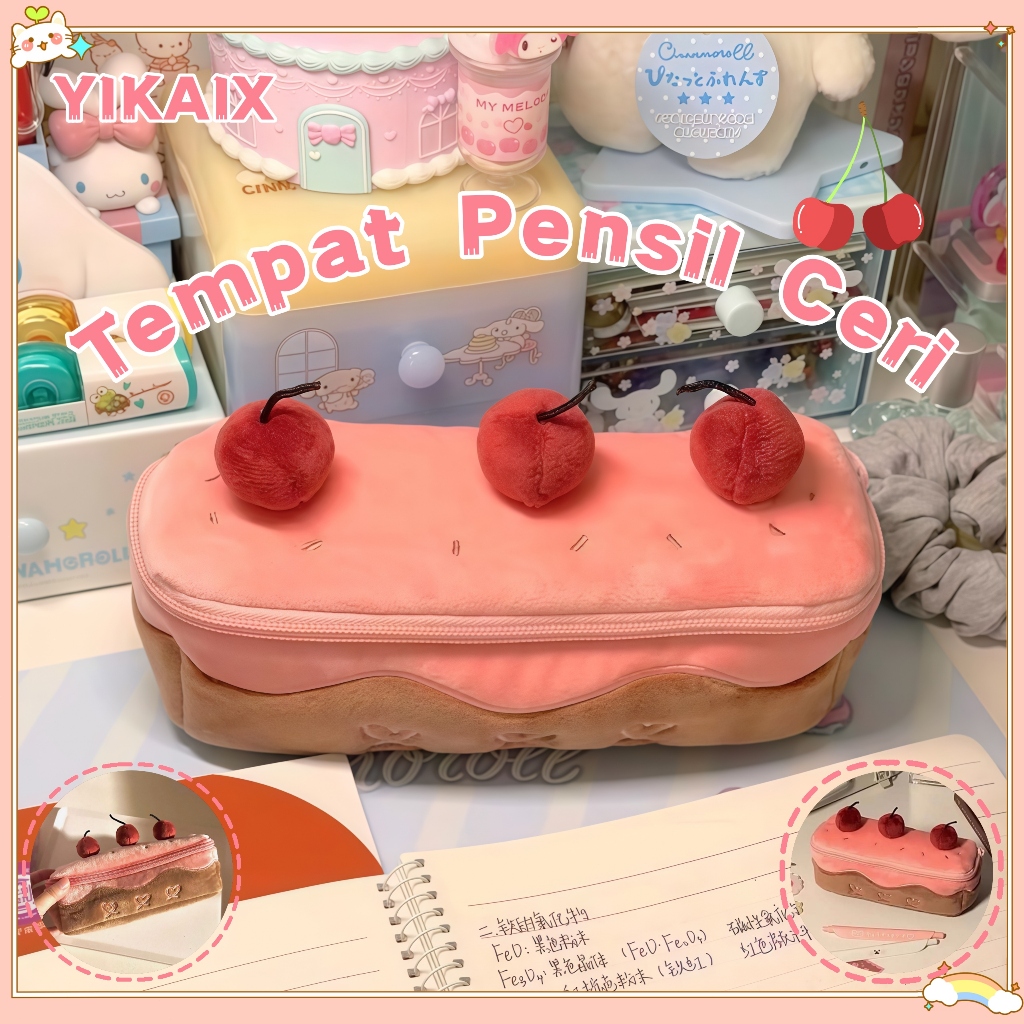

3D Tempat Pensil Kue Ceri Lucu Tas High -Value Student Large -kapacity Pencil Box Bag Tas Teks