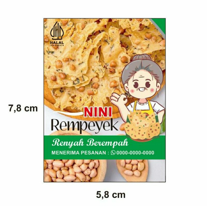 

Stiker Rempeyek / Peyek isi 64 pcs. Ukuran 5,8 x 7,8 cm. Bisa custom tulisan