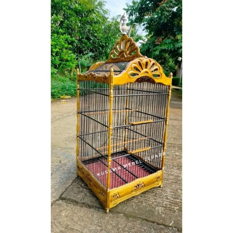 Sangkar Kuno Classic Burung Kicau Ukir Wulung Ruji Bambu Kayu Jati Finishing Natural (Free packing k