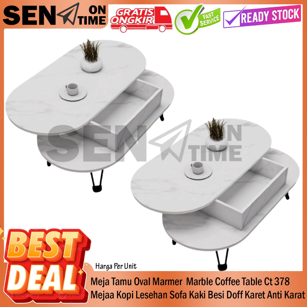 [Instant] Meja Tamu Oval Marmer Marble Coffee Table Ct 378 Mejaa Kopi Lesehan Sofa Kaki Besi Doff Ka