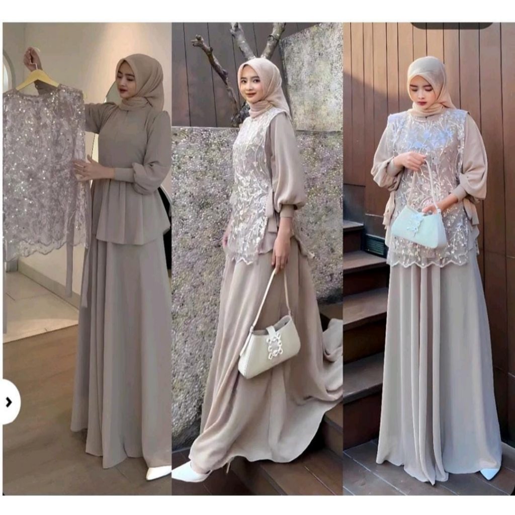 Cintya Set Brukat Gamis Muslim Wanita Mat Ceruty Babydoll Aplikasi Payet Ukuran Besar OOTD Kondangan