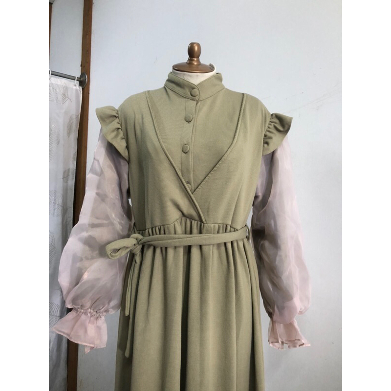 Dress Ruffle Organza, Dress Sage, Dress Remaja Kekinian